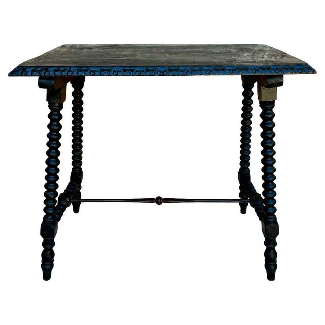 Black Early 20th Century Spanish Side Table with Turned Legs and Iron Stretcher, 1920s For Sale - Image 8 of 18