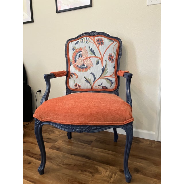 Hand-Painted French Provincial Armchair - Navy Blue & Orange Velvet - Whimsical Floral Reupholstered Accent Chair For Sale - Image 11 of 14