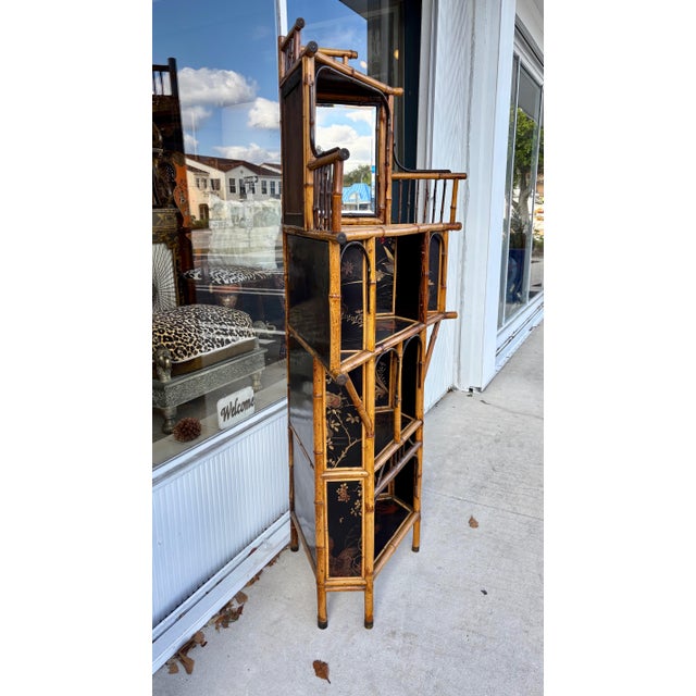 Chinoiserie 19th Century English Bamboo Corner Cabinet / Etagere For Sale - Image 3 of 12