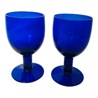 Cobalt Blue Thick Stem Wine Glasses-a Pair For Sale