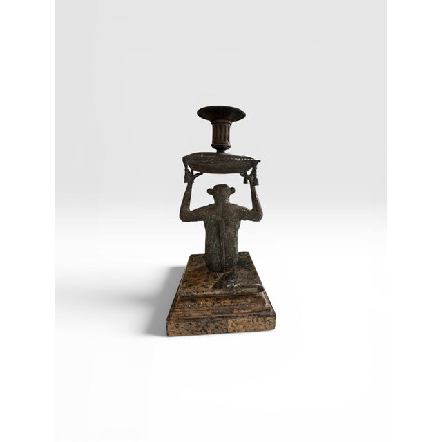 Metal Vintage Bronze Finish Monkey Candlestick on Marble Base – Hollywood Regency Style For Sale - Image 7 of 8