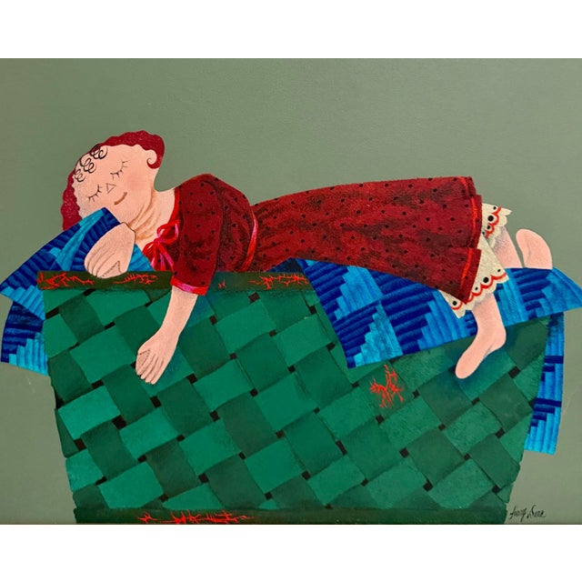 Harry Dunn, Whimsical Harry Dunn Painting Sleeping Girl Mid Century Americana Folk Art For Sale - Image 4 of 12