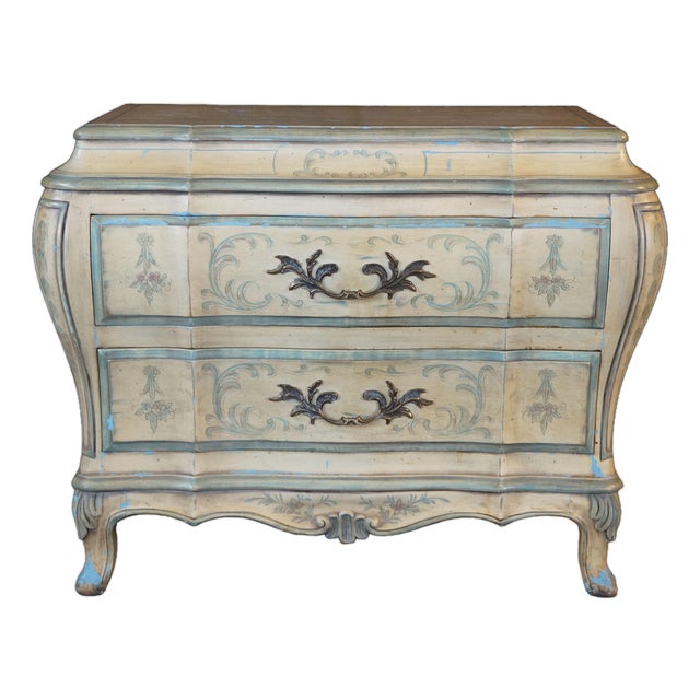 Karges French Provincial Hand Painted Venetian Bombe Commode Nightstand Chest For Sale