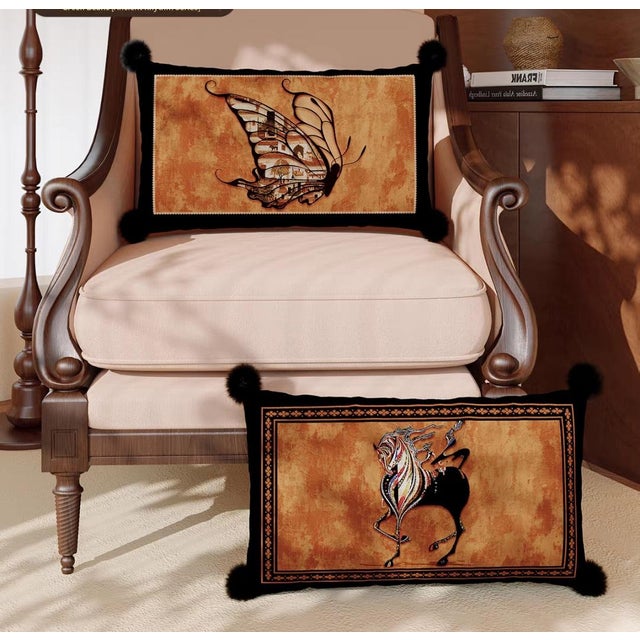 Contemporary French-Style Galloping Horse Art Pillow, Orange, Hand-Painted, 15"×23" For Sale - Image 3 of 5