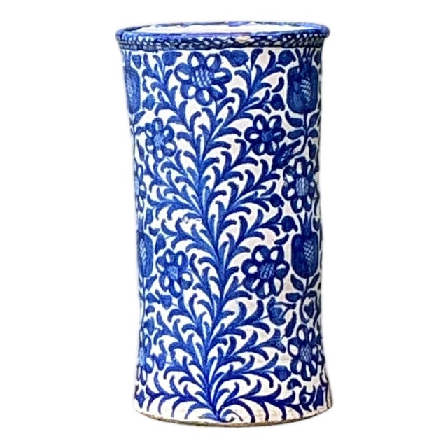 Vintage Blue and White Ceramic Umbrella Stand For Sale