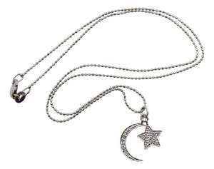14k White Gold Moon and Star Diamond Necklace