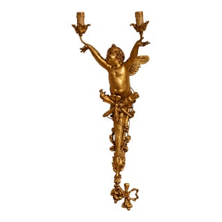 French Rococo Cherub Wall Sconce – Gilded Bronze & Gold Leaf Two-Light Decorative Applique For Sale
