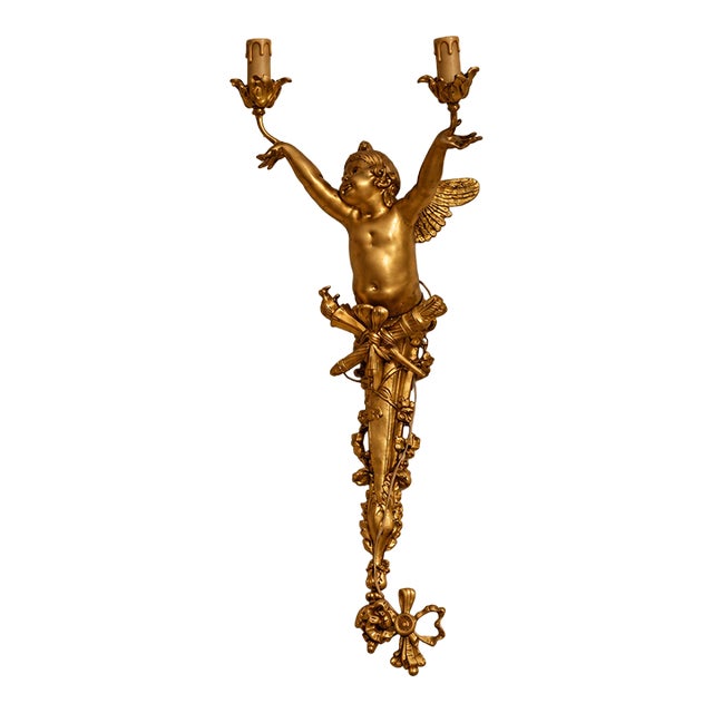 French Rococo Cherub Wall Sconce – Gilded Bronze & Gold Leaf Two-Light Decorative Applique For Sale