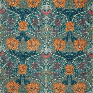 Morris & Co Honeysuckle and Tulip Velvet Fabric in Woad/Mulberry For Sale