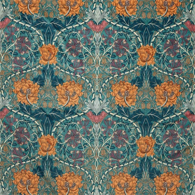 Morris & Co Honeysuckle and Tulip Velvet Fabric in Woad/Mulberry For Sale