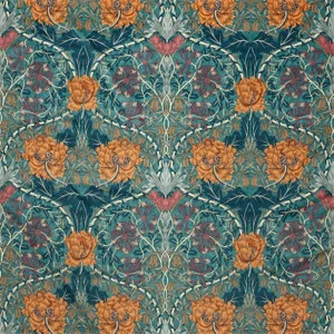 Morris & Co Honeysuckle and Tulip Velvet Fabric in Woad/Mulberry