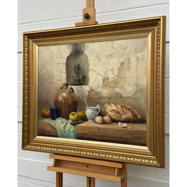 Still Life with Fruit & Bread Rustic French Farmhouse Interior by French Artist 1992 Circa For Sale - Image 16 of 18