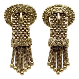 Late 19th Century 14k Gold Victorian Buckle Earrings With Tassels, A Pair For Sale