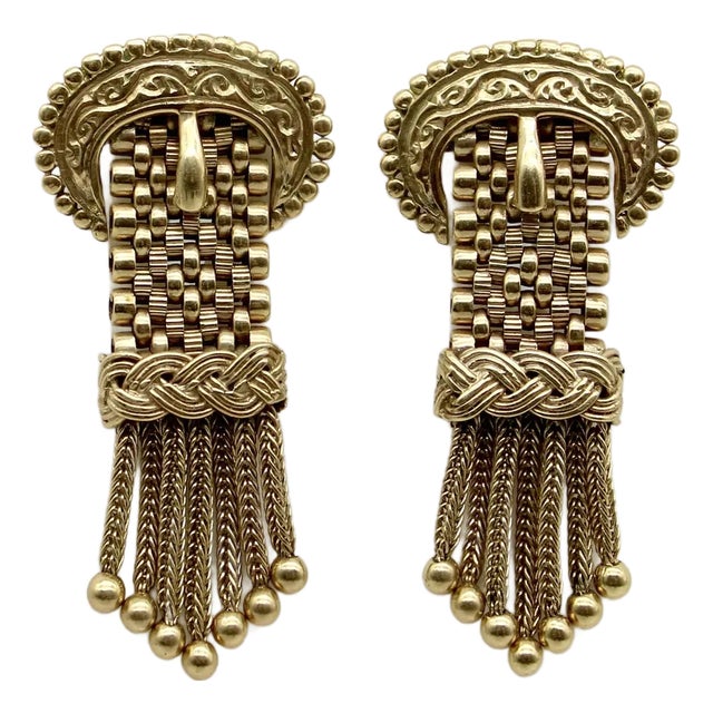 Late 19th Century 14k Gold Victorian Buckle Earrings With Tassels, A Pair For Sale
