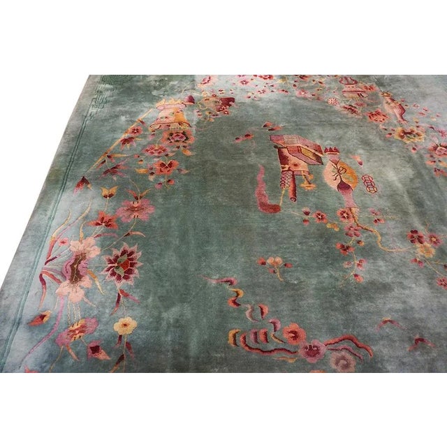 1920s Green Vase Floral Antique Chinese Art Deco Carpet 8'6" X 11'4" Knotted Wool Rug For Sale - Image 15 of 15