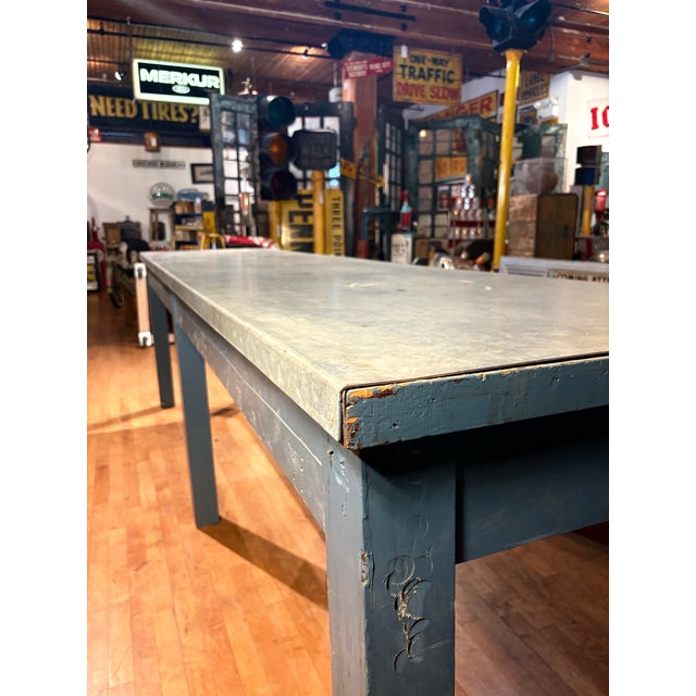 Antique Extra Long Industrial Table - Weathered Zinc and Painted Base For Sale In Chicago - Image 6 of 9
