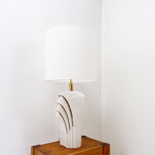 Large Art Deco Style Fan-Shaped White Ceramic Table Lamp, 1980s For Sale - Image 13 of 16
