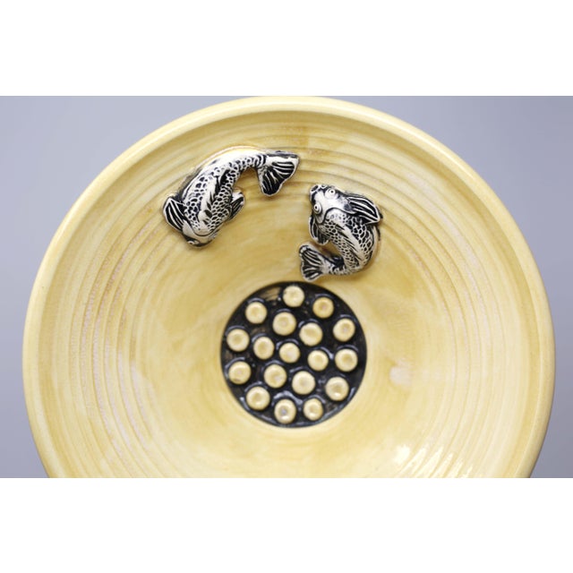 Yellow Flared Ceramic Ikebana Vase With Sculpted Koi Fish Chairish