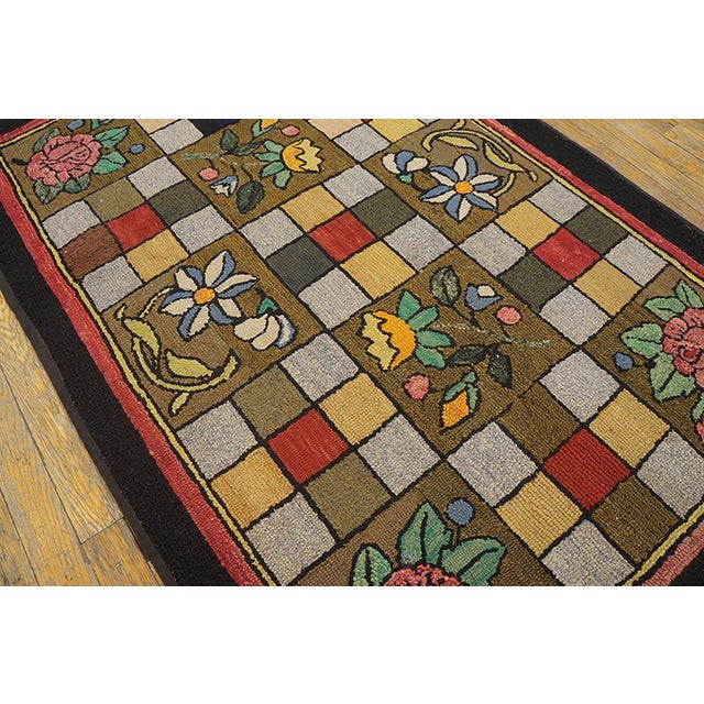 American 1930s Brown Floral Folk Art Antique American Hooked Rug 3'0" X 4'6" Handknotted Wool Carpet For Sale - Image 3 of 5