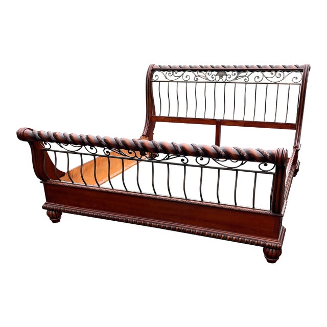 King Size Wrought Iron and Cherry Sleigh Bed Frame For Sale