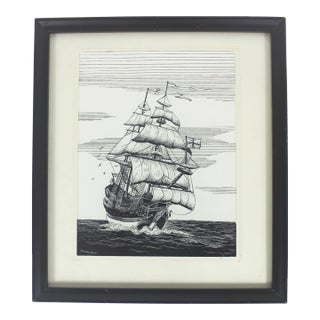 Vintage Pen and Ink Clipper Sailing Ship Framed Art Signed by Artist Sailboat Black and White Small For Sale