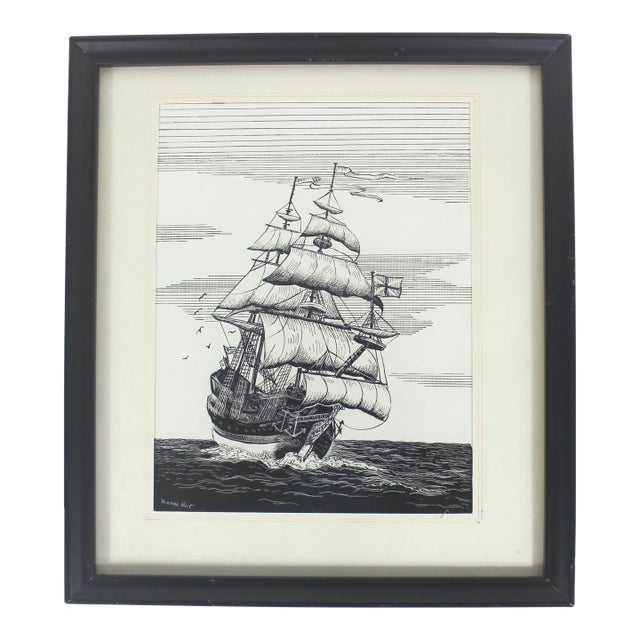 Vintage Pen and Ink Clipper Sailing Ship Framed Art Signed by Artist Sailboat Black and White Small For Sale