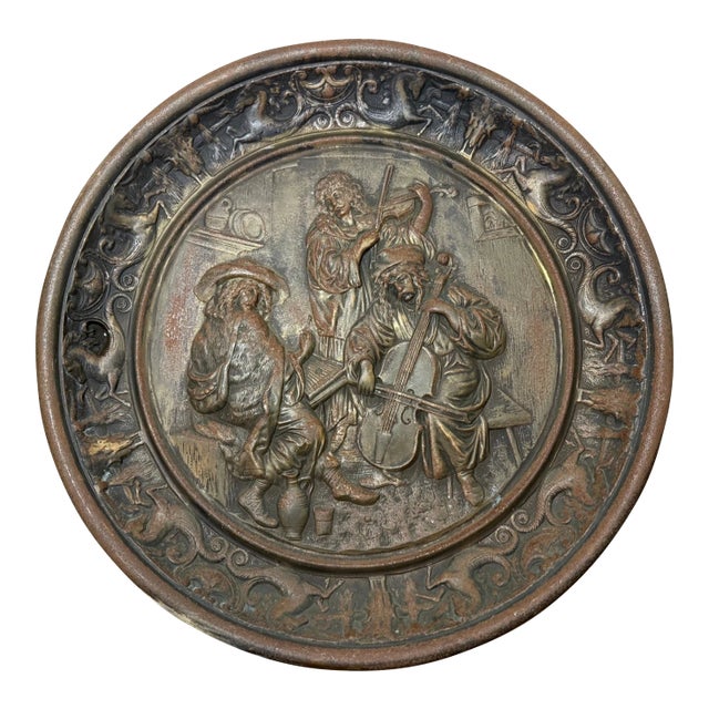 Large 14lbs Antique Ornate Bronze Patinated Cast Iron Relief Wall Charger Plaque For Sale