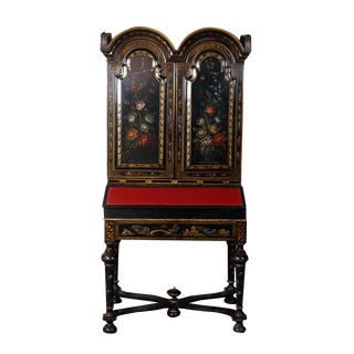 Black Lacquer Cabinet with Floral Decor For Sale