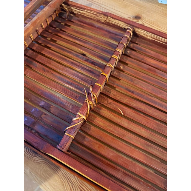 Brown Rare Mid-Century Style Bamboo, Rattan Foldable Wall, Book Shelf, Étagère With 4 Graduated Tiers in a Sculptural a-Frame Form For Sale - Image 8 of 12