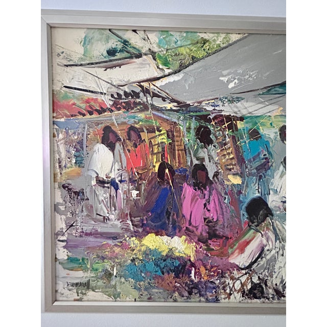 Large Mid 20th Century León Belaunzarán "El Mercado" Oil Painting in Custom Aluminum Frame For Sale - Image 4 of 7
