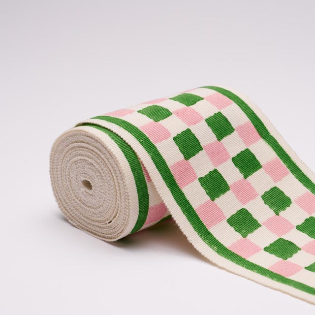 Contemporary Schumacher x Molly Mahon Chequer Hand Block Trim In Green For Sale - Image 3 of 4