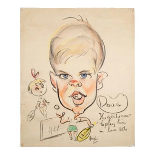MidCentury Caricature Tennis Player, Pastels on Paper C1950 For Sale