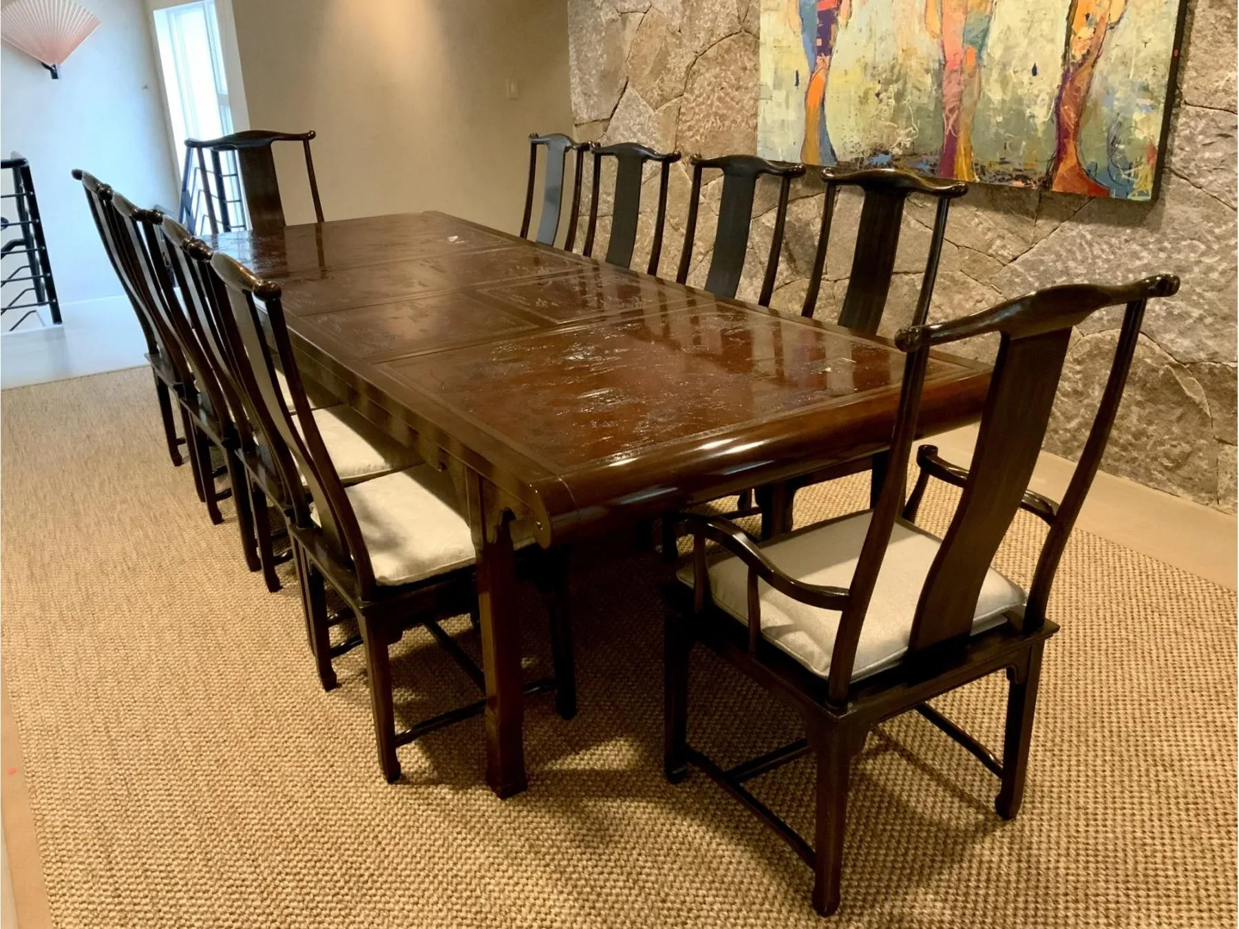 クラシック ダイニングテーブル Henkel-Harris & Drexel Vintage Drexel Heritage Chinoiserie Cherry and Leather Inlay