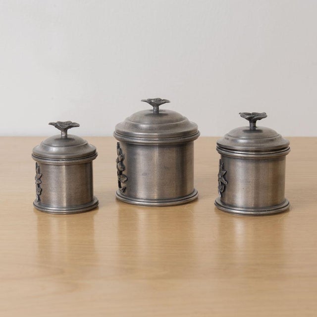 1930s French Pewter Floral Canisters, Set of 3 For Sale - Image 11 of 15