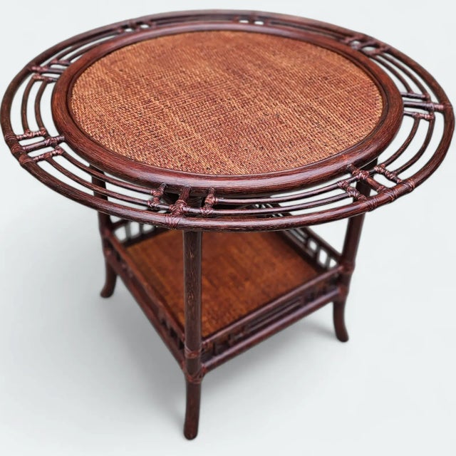 McGuire Organic Modern Rattan Raffia Glass Top Occasional Table and Target Back Chairs Set of 3 For Sale - Image 11 of 12