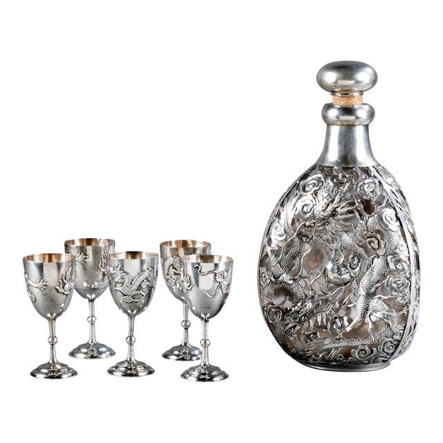 Set of Chinese Export Silver Overlay Bottle with Five Cordials Tianjin Wuhua For Sale