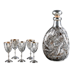 Set of Chinese Export Silver Overlay Bottle with Five Cordials Tianjin Wuhua