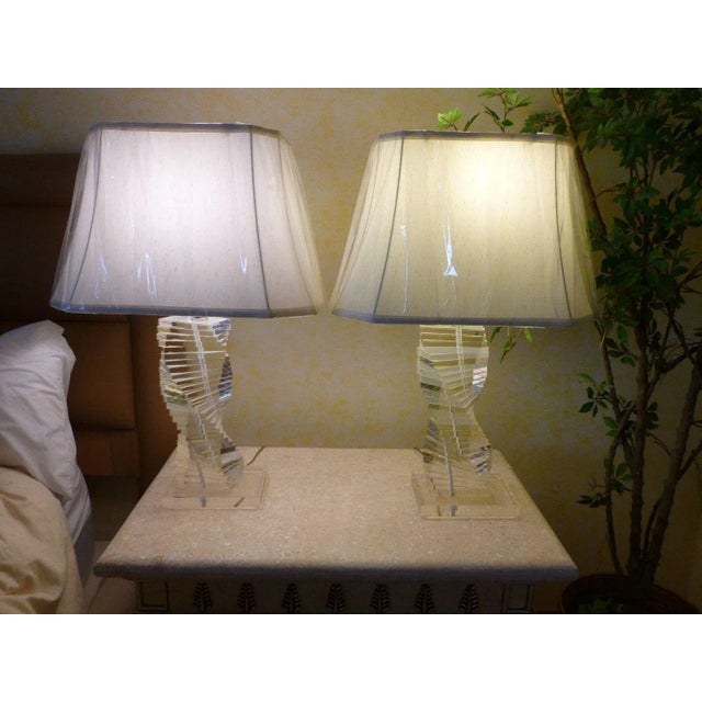 Transparent 1970's Karl Springer Style Lucite Staircase Lucite Lamps - a Pair For Sale - Image 8 of 8
