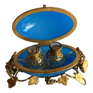 French Large Bleu Opaline Egg Box With Perfume Bottles View of Paris 19 Century For Sale