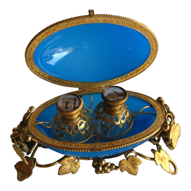 French Large Bleu Opaline Egg Box With Perfume Bottles View of Paris 19 Century For Sale