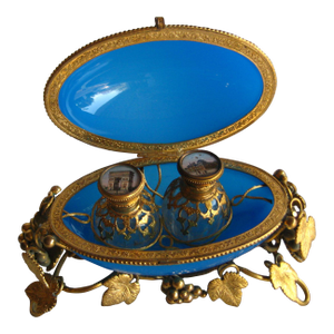 French Large Bleu Opaline Egg Box With Perfume Bottles View of Paris 19 Century