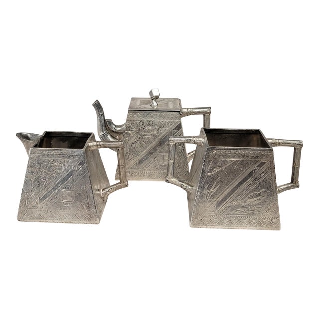 Antique James W. Tufts Boston Engraved Silverplate Aesthetic Movement Tea Set For Sale