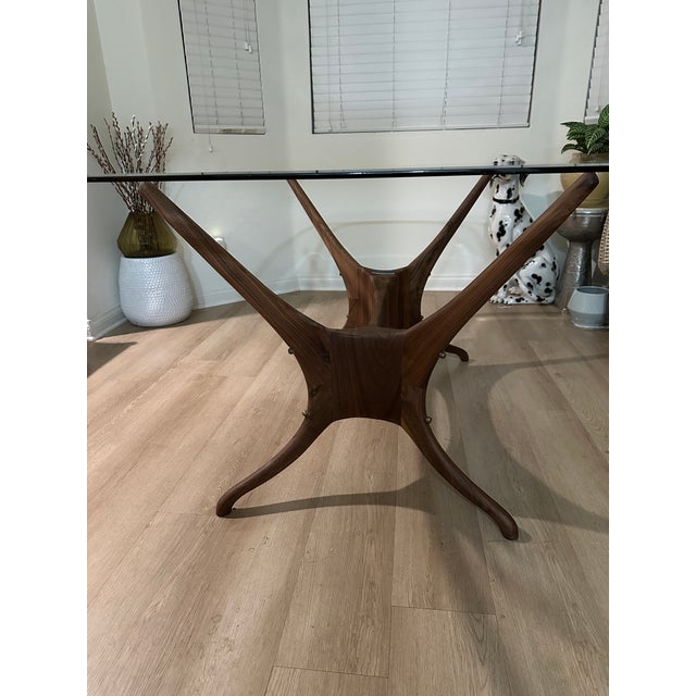 62" Oblong Beveled Glass Table With a “Organic Modernism" Base and Six (6) Wooden Ladder Back and Rush Chairs For Sale - Image 9 of 11