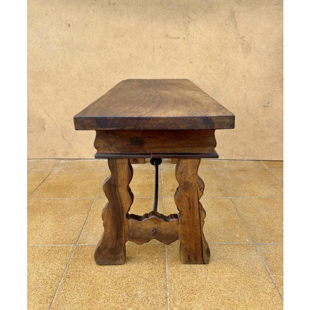 Low Rustic Oak Table with Drawers and Iron Stretcher, 1940 For Sale - Image 9 of 11