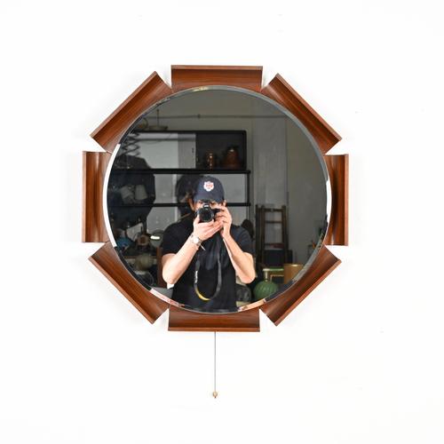Spectacular and incredibly rare backlit beveled mirror in curved teak, by isa bergamo in italy in 1968. Fully original and...