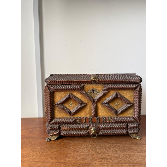 Antique Tramp Art Jewelry Box 1898, Hand Carved Wooden Chest With Mirror, Folk Art Keepsake Box, Victorian Trinket Box, Lion Pull For Sale - Image 6 of 14