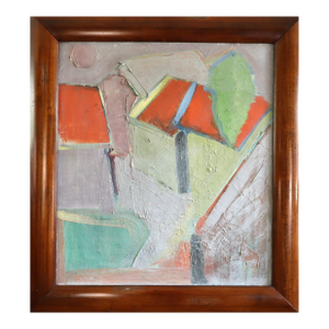 Mid-Century Modern ' Houses With Red Houses' Original Vintage Semi-Abstract Landscape Oil Painting, Framed