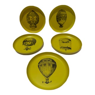 Vintage Set of 5 Italian Black Line Hot Air Balloon Decorative Tole Plates Fornasetti For Sale