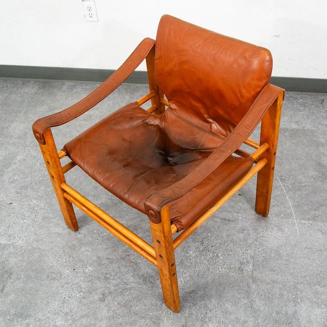 Mid Century Danish Modern Lounge Chair Safari Brown Leather Arm Sling Vintage For Sale - Image 9 of 12