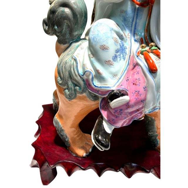 Vintage Chinese Porcelain Immortal W/Child Riding Foo Lion Statue 15" Mark 082 For Sale - Image 10 of 16